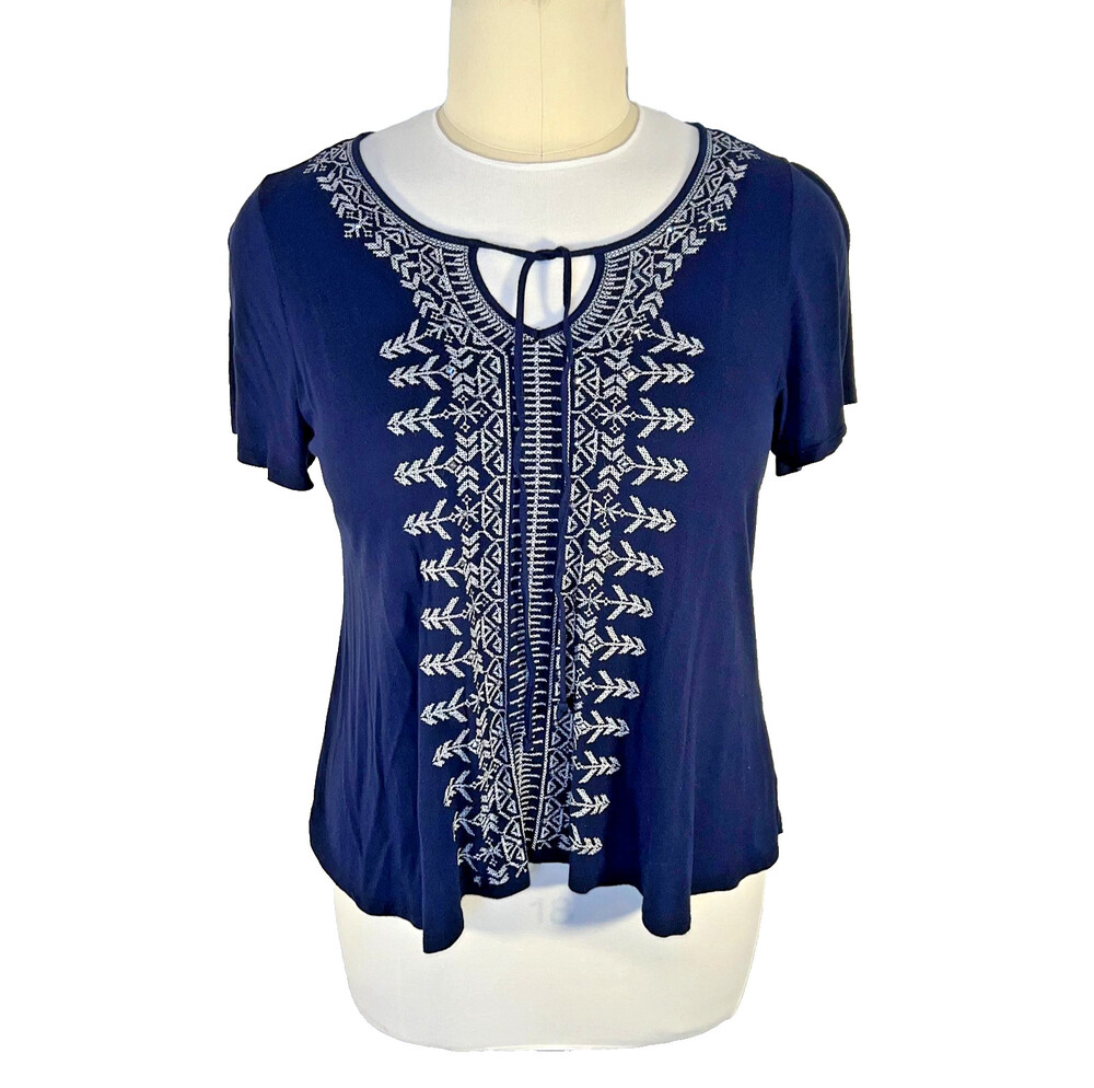 INC - Women's 2X Short Sleeve Blouse V-Neck Navy White Embroidered